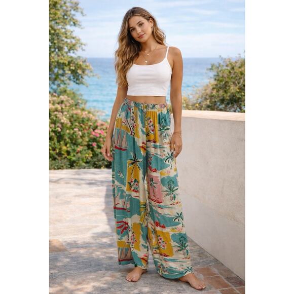 True Destinations Pants - True Destinations Wide Leg Palazzo Pants Resort Wear Beach Tropical Sailboat S